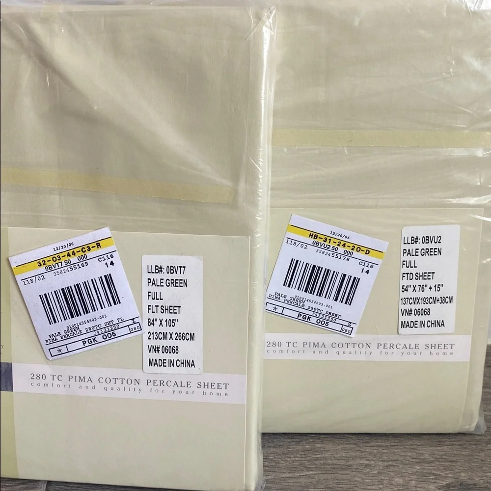 L.L. Bean Home Pale Green Full Pima Cotton Percale Sheets Flat and Fitted NIP